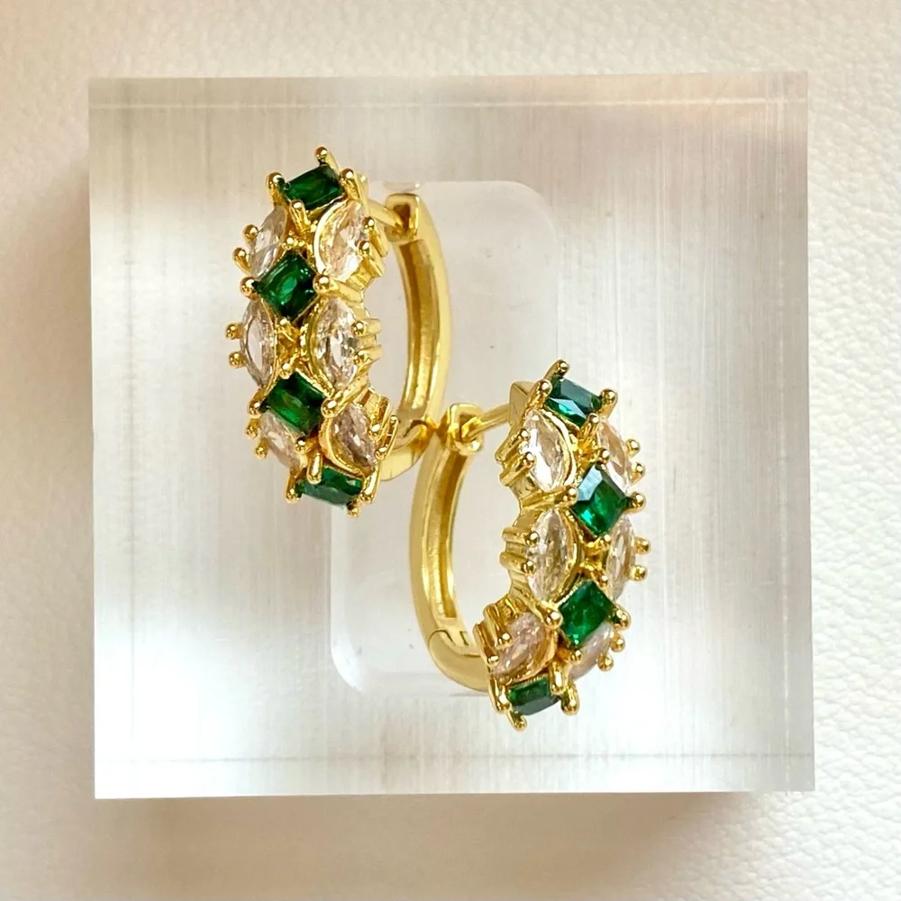 Gold Hoop Earrings with Green and Clear Stones